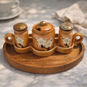Vintage‎ Japanese Lusterware Condiment Set Cherry Blossom Tray Made in Japan
